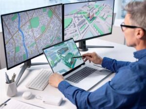 Survey professional reviewing digital property maps and land survey data for boundary, topographic, and development planning