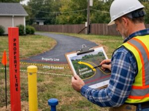 Land surveyor reviewing a property map showing access easement, utility easement, and property boundary markers on residential land
