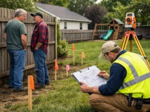 Surveyor checking a property line dispute while neighbors discuss a fence boundary