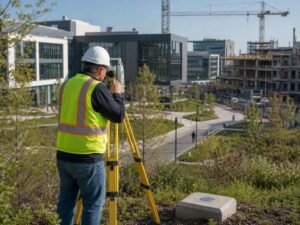 Land surveying crew checking a permanent control monument at an expanding technology campus in Lehi Utah